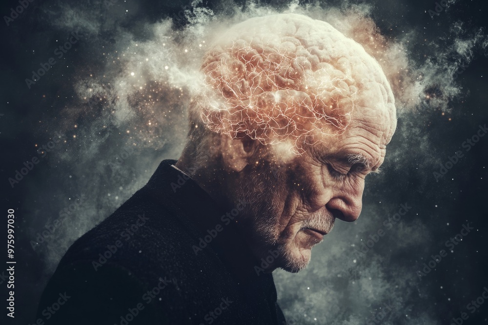 Poster elderly man with a glowing head symbolizing wisdom cognitive energy and intense thought in a surreal
