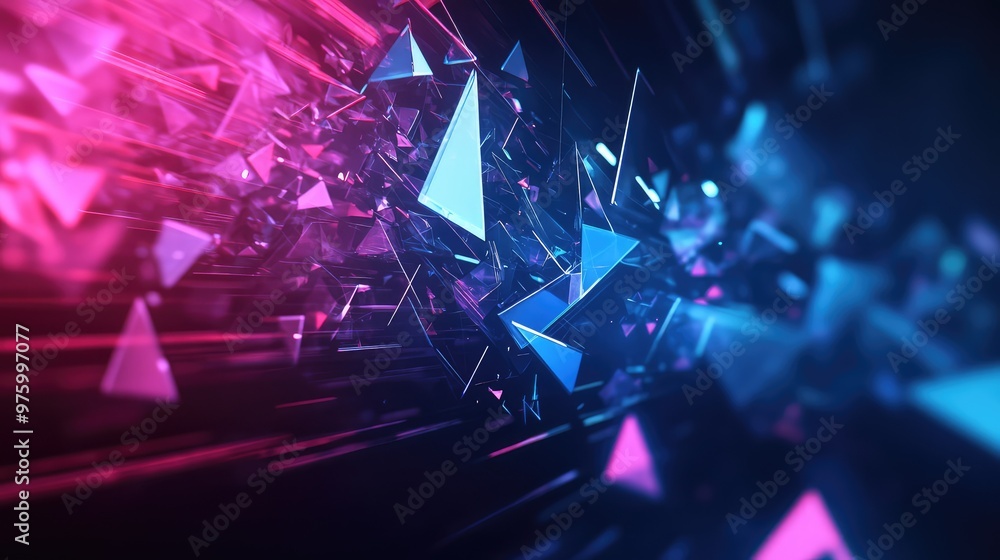 Poster cascading triangles and polygons, symbolizing technological advancement and data flow.