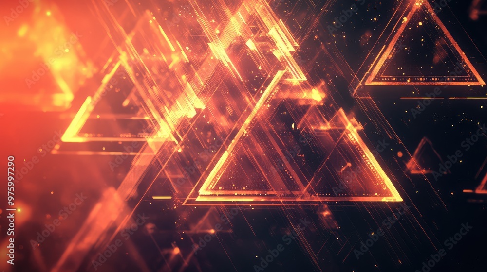 Poster cascading triangles and polygons, symbolizing technological advancement and data flow.