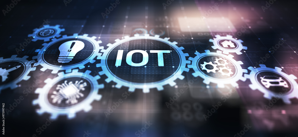 Poster iot internet of things digital transformation modern technology concept on virtual screen.