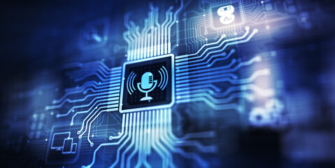 Voice recognition search and control microphone symbol on virtual screen.