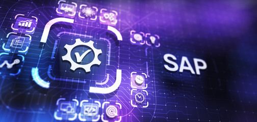 SAP - Business process automation software. ERP enterprise resources planning system concept on virtual screen.