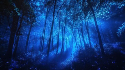 Fototapeta premium enchanted nocturnal forest bathed in ethereal blue light bioluminescent flora mistshrouded trees otherworldly ambiance