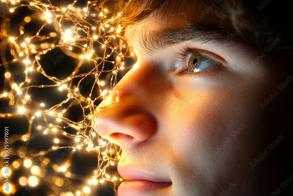 Poster close up of a young man with glowing neural connections symbolizing intelligence creativity and cogn