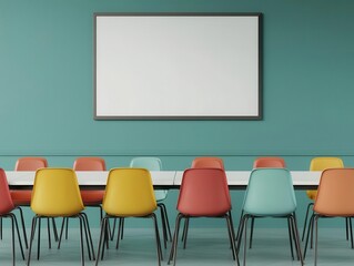 A flexible meeting space with movable chairs and tables, filled with stationery tools for brainstorming meeting space, flexible layout, stationery
