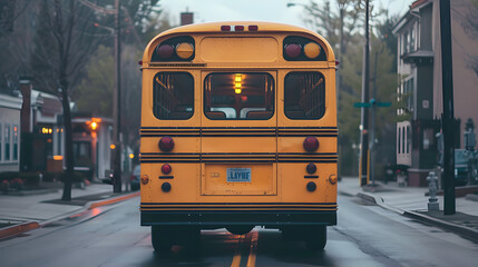 A yellow school bus is seen from the rear as it drives down a residential street, representing transportation, education, and daily life in a neighborhood.