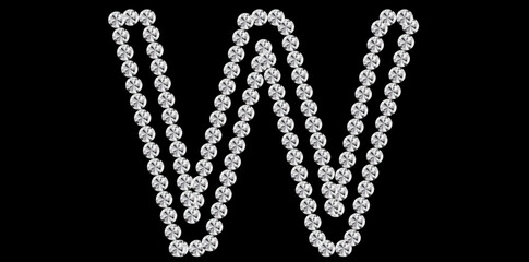 Silver Rhinestone Diamonds Alphabet Letter W Luxury Text Design Vector Illustration, Capital Diamonds Letter W On Black Background.	