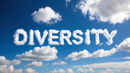 diversity word made of clouds in blue sky background