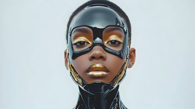 Futuristic Robotic Portrait With Enigmatic Metallic Mask and Golden Face - Powered by Adobe