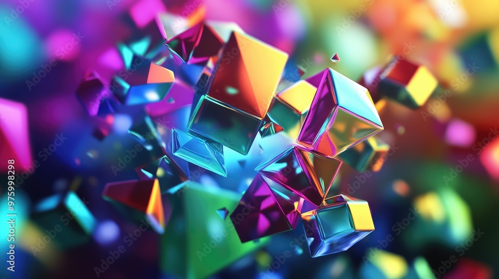 Aufkleber floating colorful polygons with bright highlights reflecting from their sharp edges.