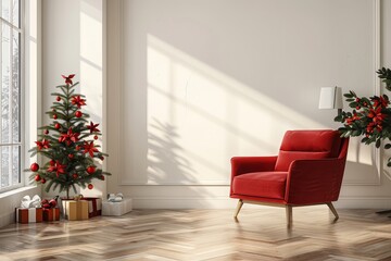 Modern living room with Christmas tree, gifts, red armchair, wood parquet floor, lamp, window, flower vase, white wall background, mockup for interior design, high-resolution photo.