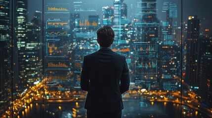 Businessman in a modern cityscape analyzing financial data and graphs