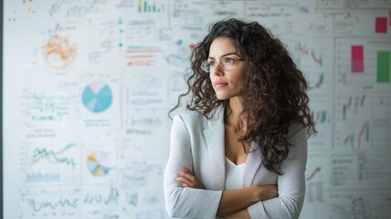 A businesswoman stands in front of a whiteboard filled with charts and data, thoughtfully analyzing business metrics for strategic insights.
