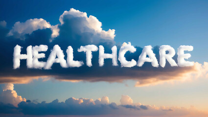healthcare word made of clouds in blue sky background