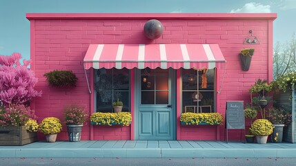 The smartphone has turned into a cafe, restaurant, pastry shop. Online food store concept. Awning over the front door. Online cafe booking. 3d rendering