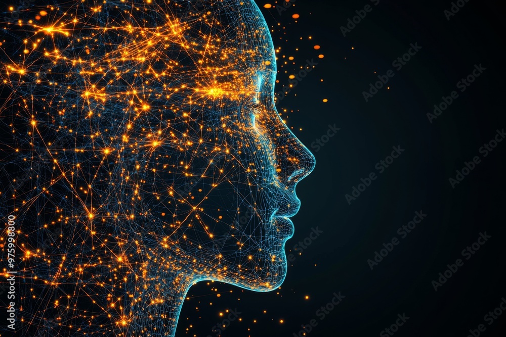Poster abstract profile of a human head with glowing neural networks symbolizing connectivity intelligence 