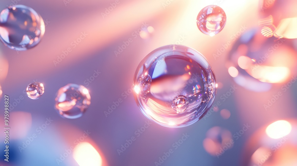 Poster floating translucent spheres interacting with light rays, creating a prism effect.