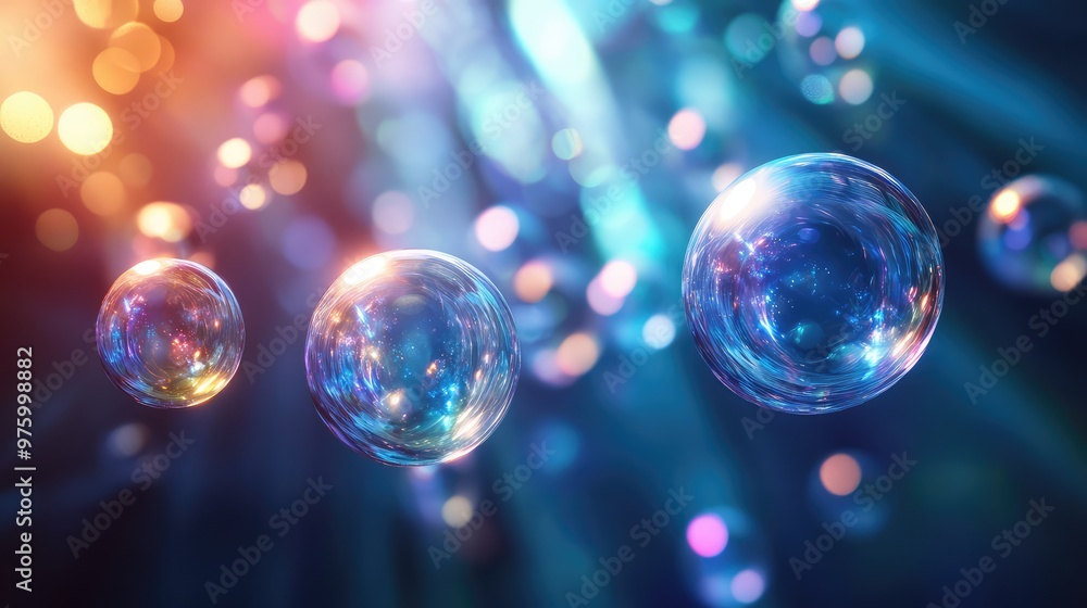 Poster floating translucent spheres interacting with light rays, creating a prism effect.
