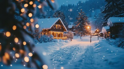Fototapeta premium enchanting winter village scene snowcovered cottages aglow magical christmas atmosphere twinkling lights cozy fairytale aesthetic