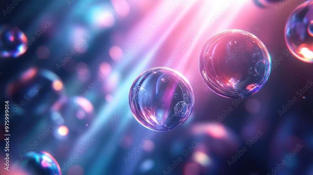 Poster floating translucent spheres interacting with light rays, creating a prism effect.