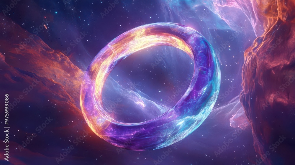 Aufkleber ethereal 3d iridescent ring floating in a cosmic void shimmering with rainbow hues and translucent s