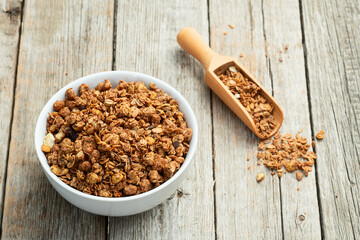 Homemade grain granola . Healthy energy eating . Top view