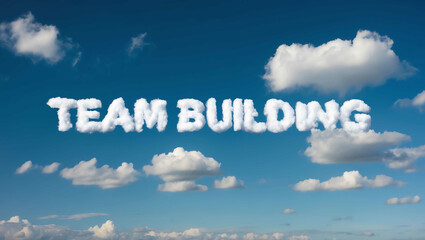 team building word made of clouds in blue sky background