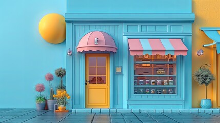 Obraz premium The smartphone has turned into a cafe, restaurant, pastry shop. Online food store concept. Awning over the front door. Online cafe booking. 3d rendering