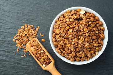 Homemade grain granola . Healthy energy eating . Top view