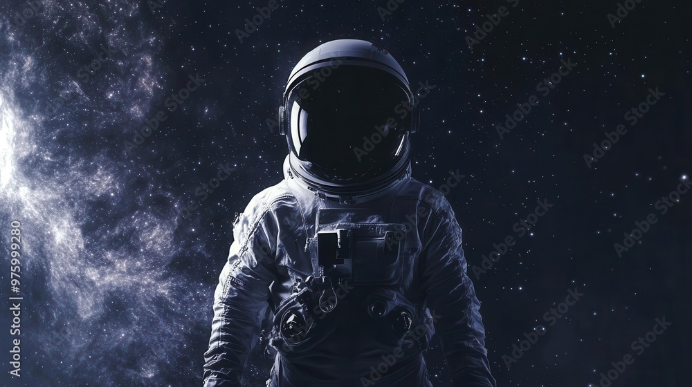 Poster ethereal astronaut floating in cosmic void stark white spacesuit contrasting against infinite darkne