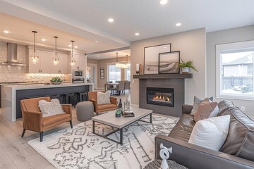 Modern living room with fireplace, kitchen in background, grey sofa, brown armchairs, coffee table, white rug, neutral beige walls, bright ceiling lights.