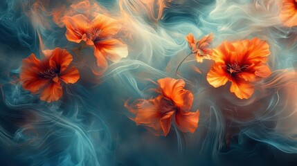 ethereal blossoms vibrant flowers enveloped in swirling smoke mysterious atmosphere surreal digital artwork