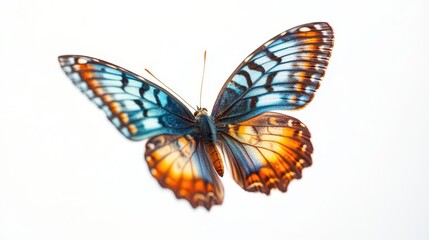 Fototapeta premium ethereal blue and orange butterfly in midflight captured with highspeed photography gossamer wings with intricate patterns against a pure white background