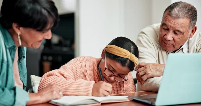 Grandparents, homework and child with notes by laptop in living room, communication tips with relax care. Senior people, girl or technology for home school, studying or elearning with love support