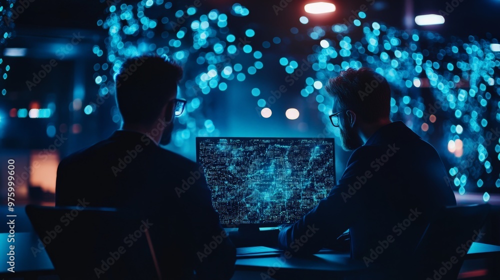 Poster two professionals analyzing complex data on a computer screen in a high-tech, futuristic office envi
