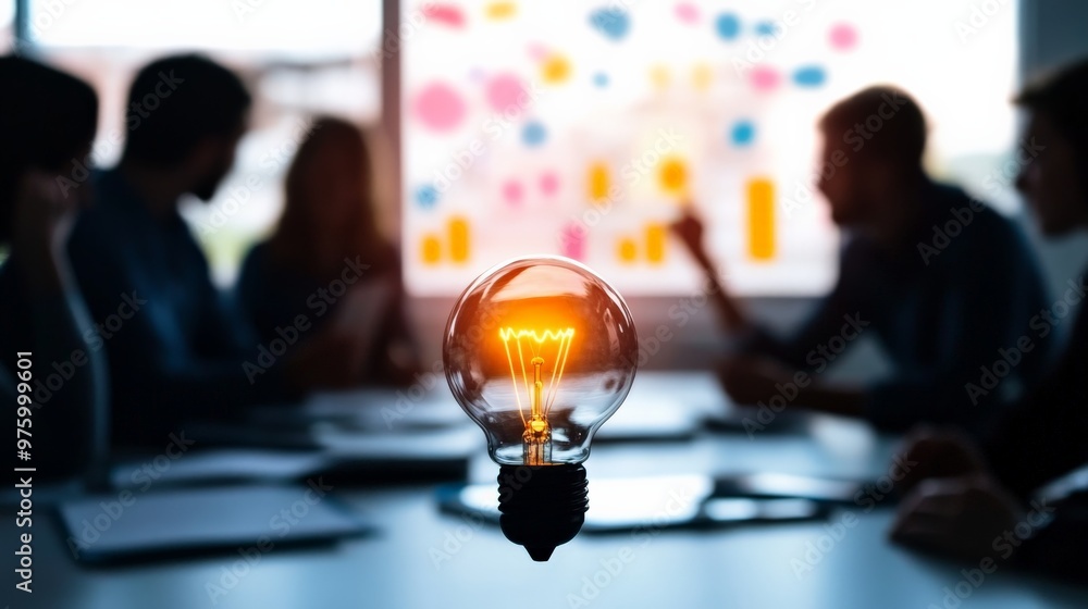 Poster team brainstorming session with a glowing light bulb representing new ideas and innovation in a mode