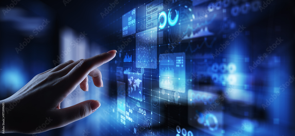 Poster business intelligence analyst dashboard on virtual screen. big data graphs charts.