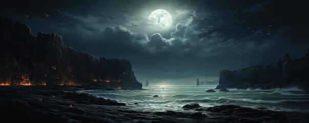 Fototapeta premium A dramatic illustration of a moonlit cliff dive into a shimmering sea