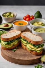 Sandwichsed with avodaco on the table, healthy food