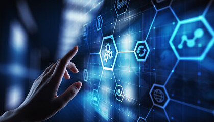 Automation of business and industrial process. Smart factory and technology innovation concept on virtual screen.