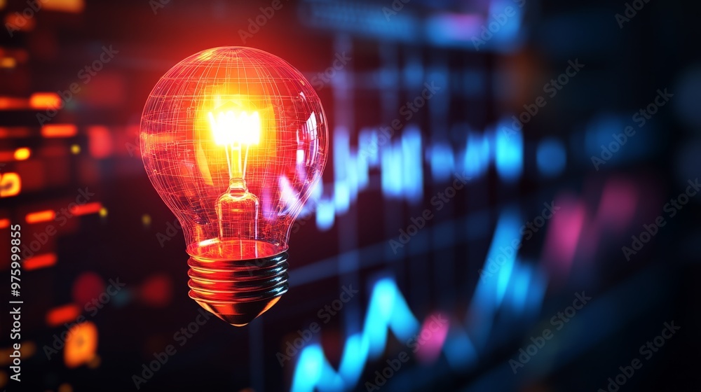 Poster red illuminated lightbulb against a backdrop of fluctuating financial graphs, symbolizing innovation