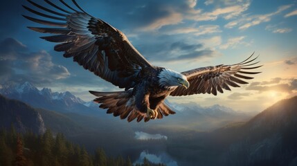 Fototapeta premium A dramatic illustration of a lone eagle soaring with a vivid azure sky behind