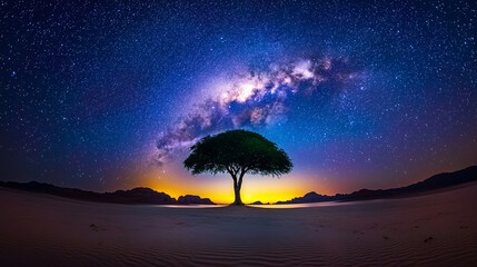 Milky Way Galaxy Over Desert Landscape with Lone Tree Silhouette