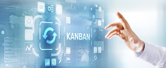 Kanban work flow process management system concept on virtual screen.