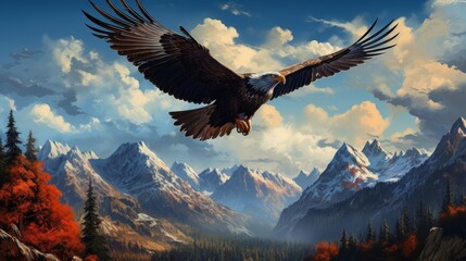 Fototapeta premium A dramatic illustration of a lone eagle soaring with a vivid azure sky behind