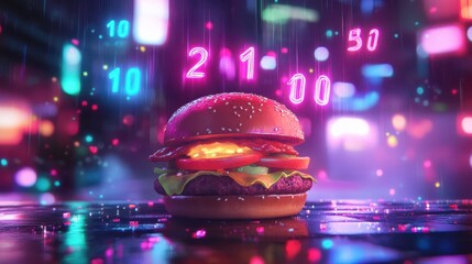 Close-up of floating numbers representing calories, glowing above a hovering burger, vibrant neon outlines, high-detail, digital art.