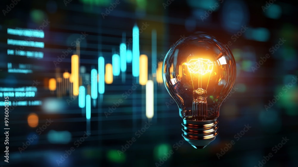 Poster light bulb with glowing filament against a background of financial data charts, symbolizing innovati