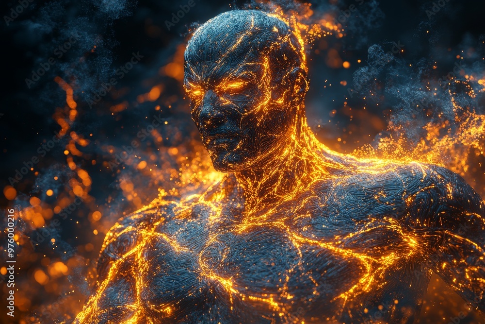 Poster glowing humanoid figure in a fiery futuristic landscape symbolizing energy power and transformation 