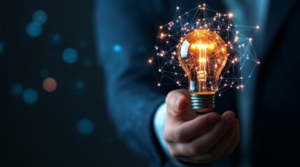 Man holding a glowing lightbulb symbolizing innovation and new ideas in a dark, professional setting.