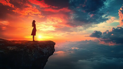 Obraz premium A young woman standing at the edge of a cliff gazing at a rising sun symbolizing new beginnings with dramatic skies and vibrant colors